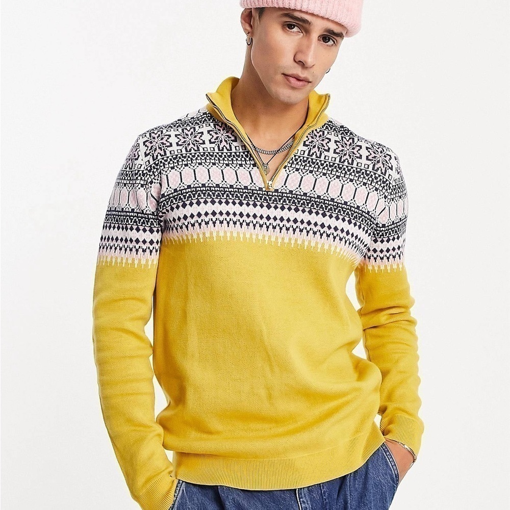 ASOS Men’s Sweater Quarter Zip Fair Isle Yoke Unisex Knit Size XS Yellow